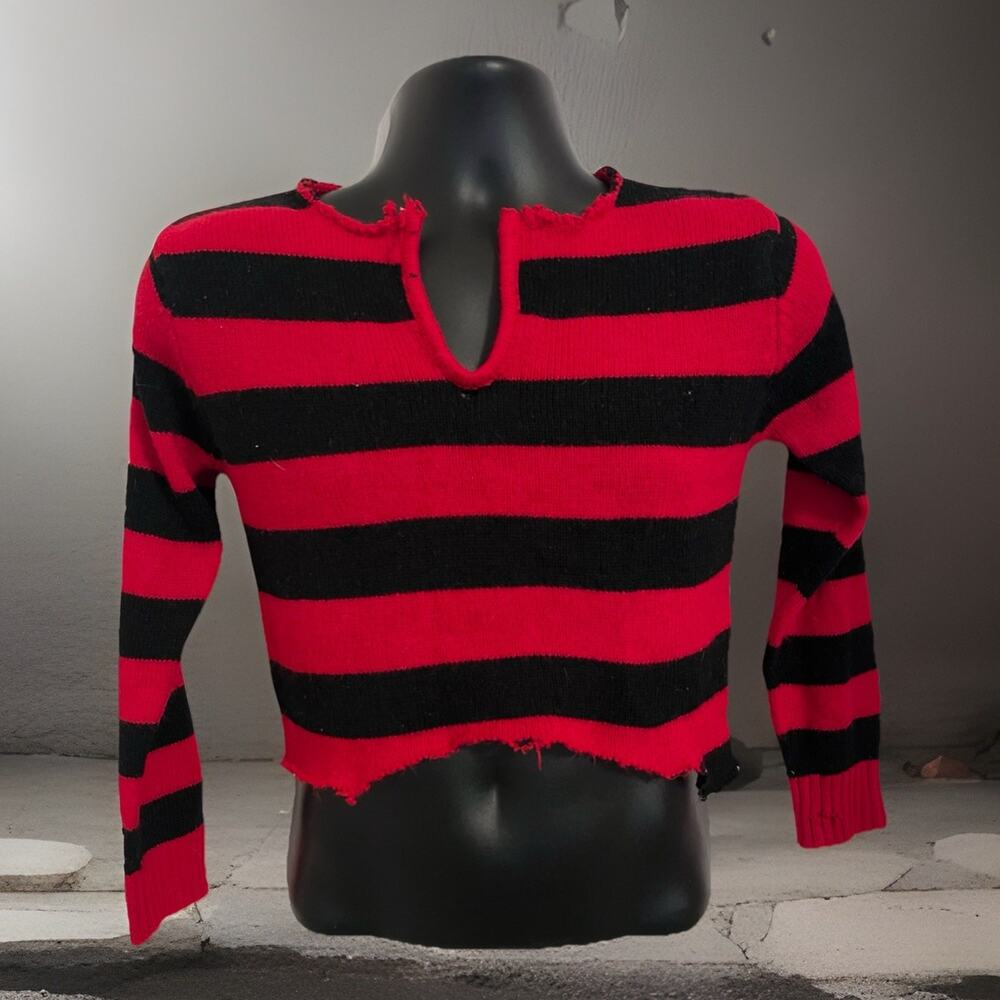 Grunge Fairycore Distressed Stripe Knit Cropped Sweater Y2K Alt Soft Goth XS/S